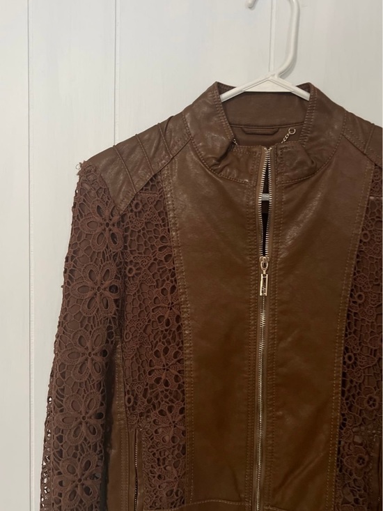 dark brown leather jacket with lace/ Brown Faux Leather Jacket with Lace Sleeves - Picture 4 of 4